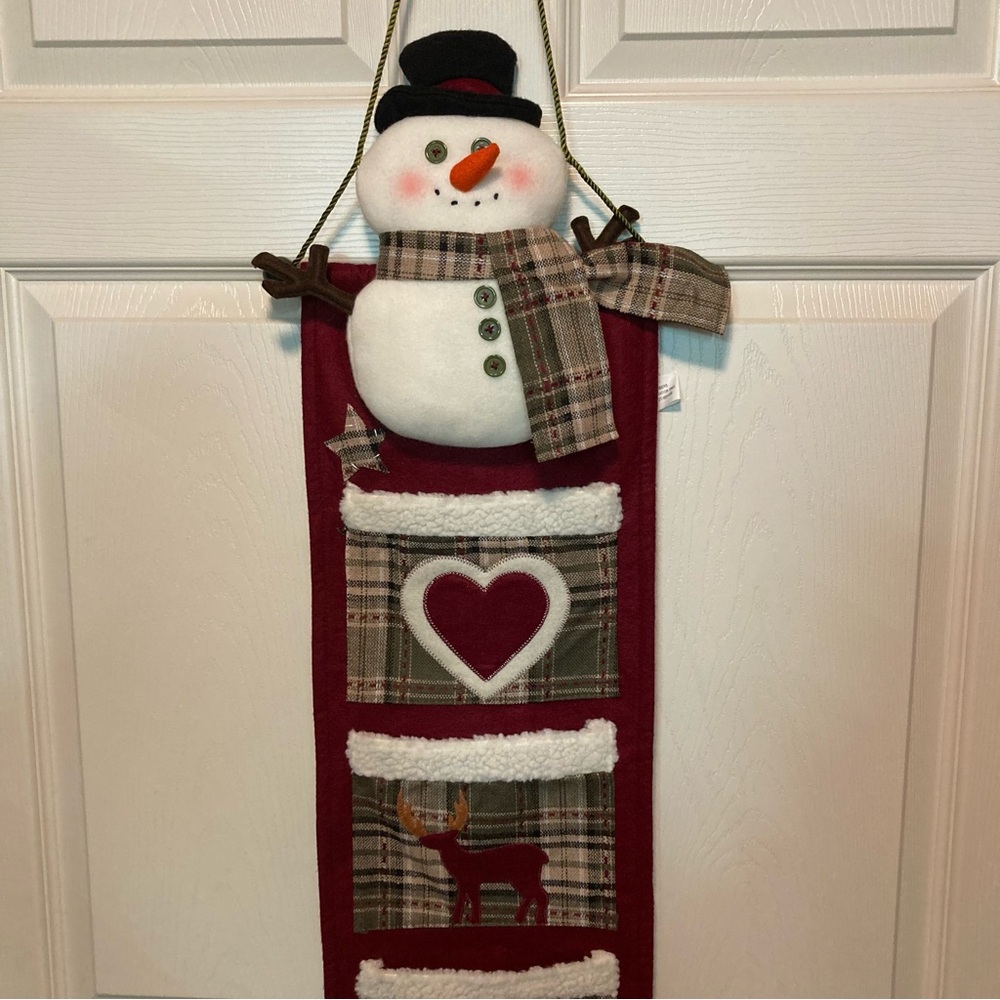 Festive Plaid Snowman Hanging Decoration with Pockets - Red and White